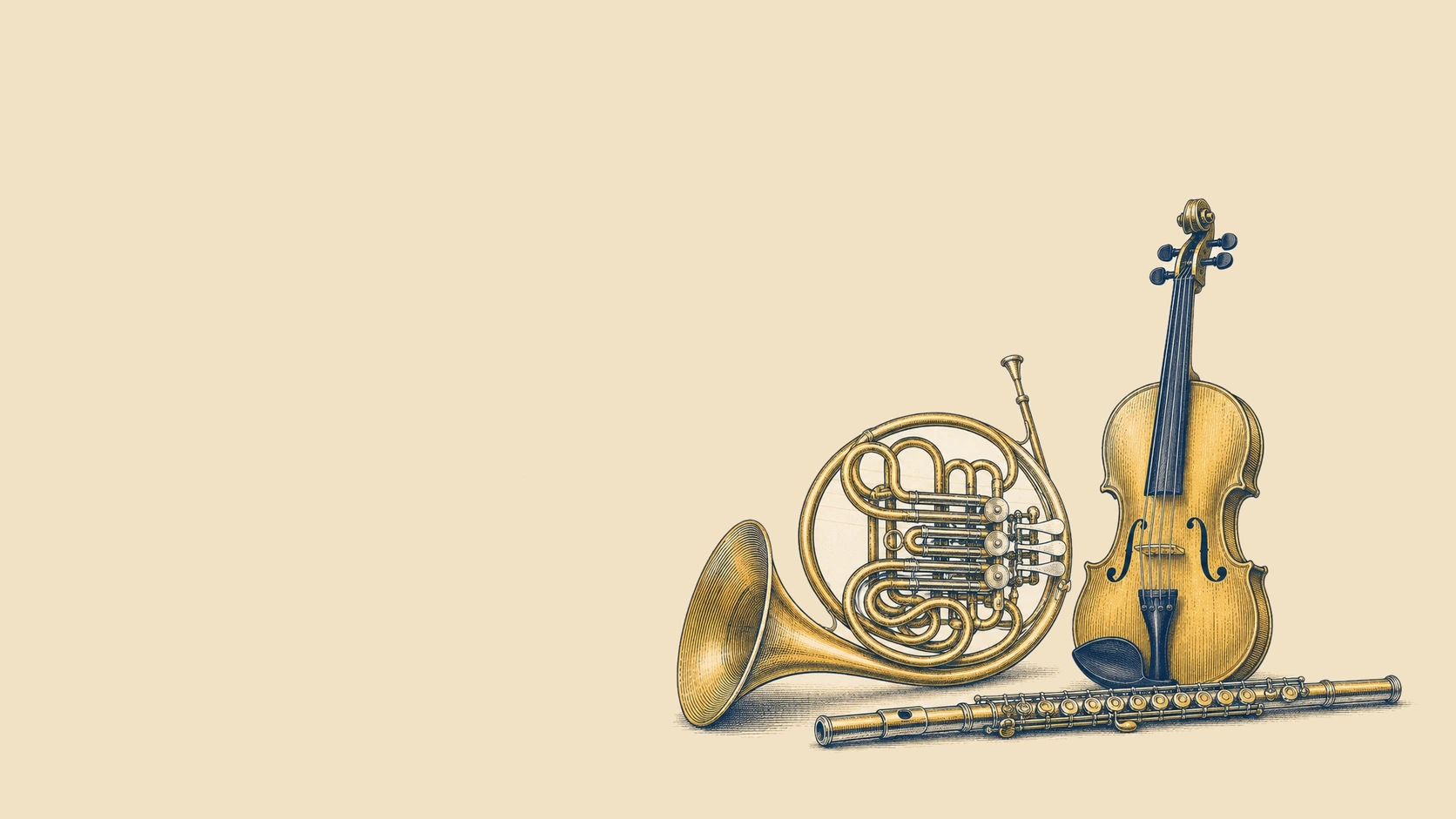 Editorial illustration of a violin, French horn and flute in the MaestroMeet style.