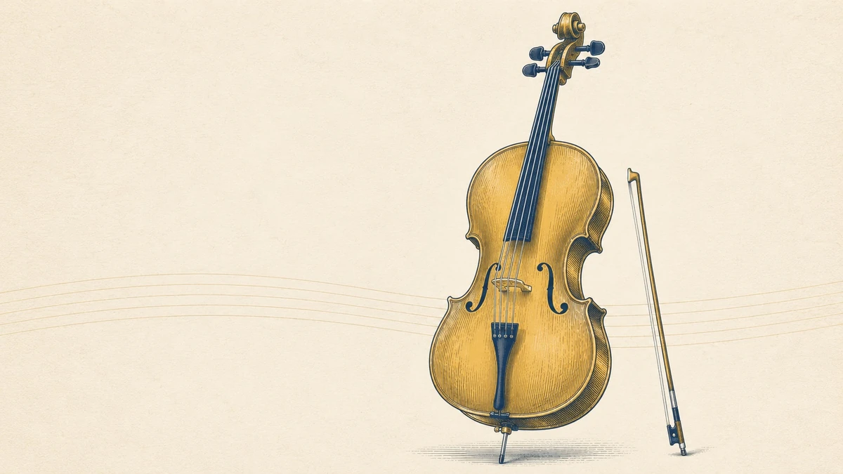 Editorial illustration of a cello and bow, the instrument this home-practice guide is about.