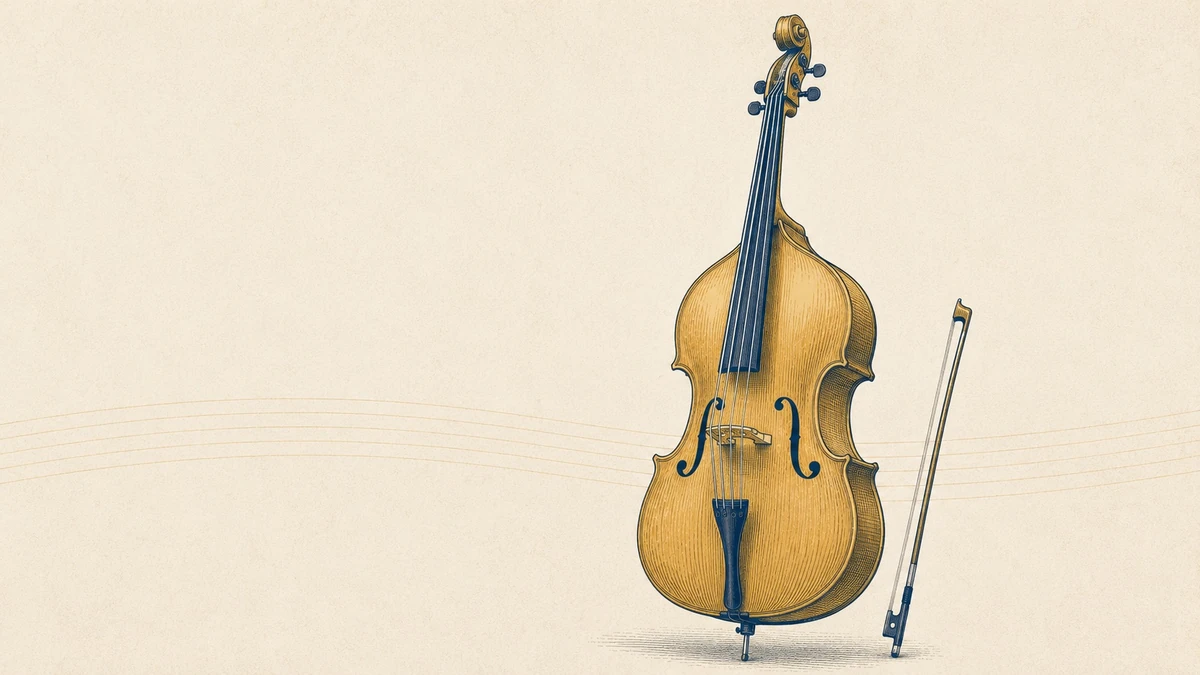 Editorial illustration of a double bass and bow, the instrument this home-practice guide is about.