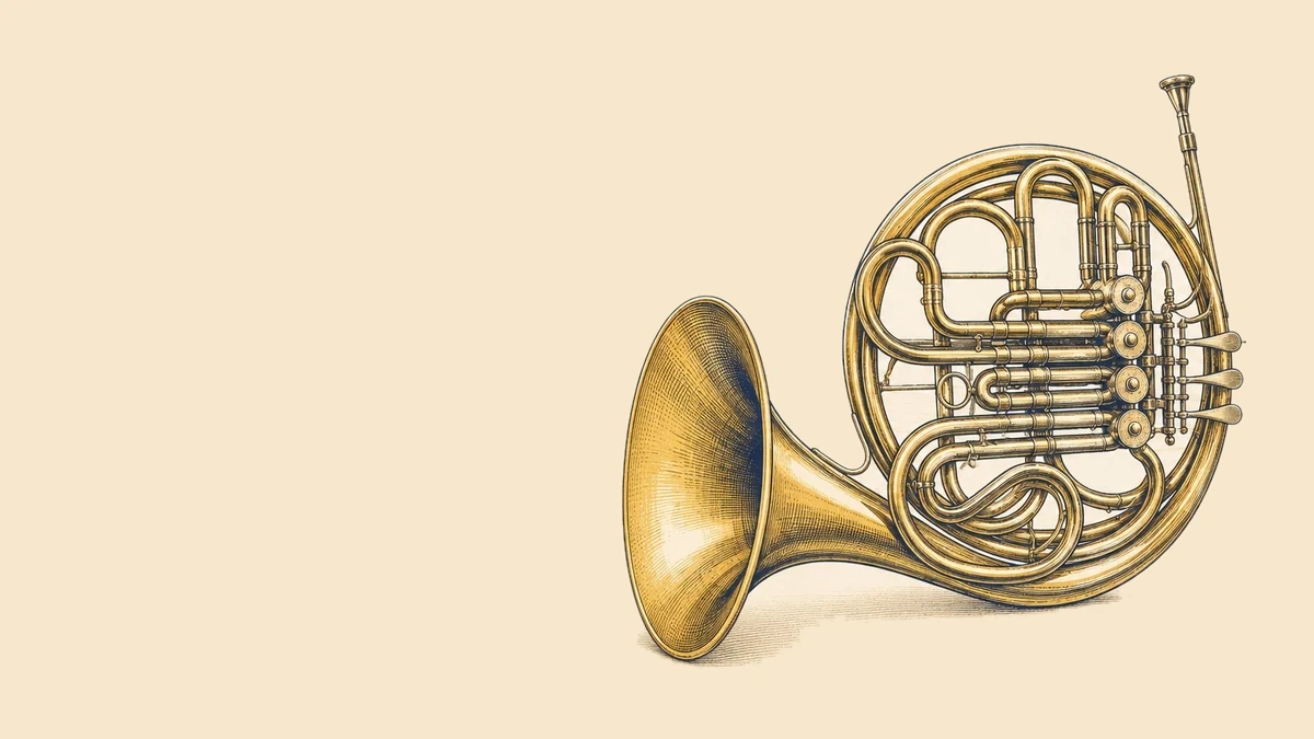 Editorial illustration of a French horn, the instrument this home-practice guide is about.