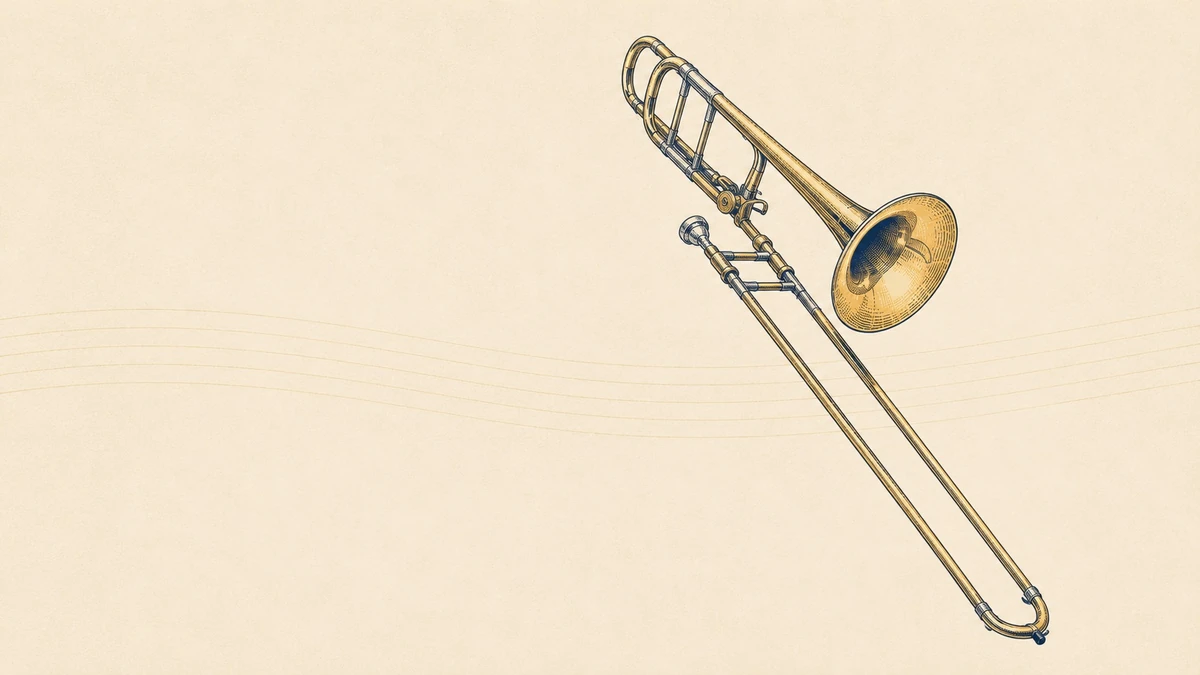 Editorial illustration of a tenor orchestral trombone, the instrument this home-practice guide is about.