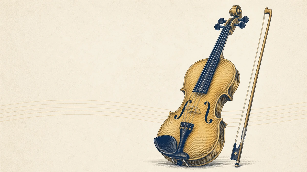 Editorial illustration of a violin and bow, the instrument this home-practice guide is about.