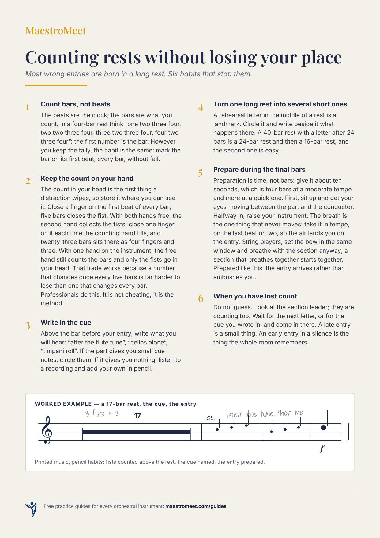MaestroMeet reference card: Counting Rests Without Losing Your Place.