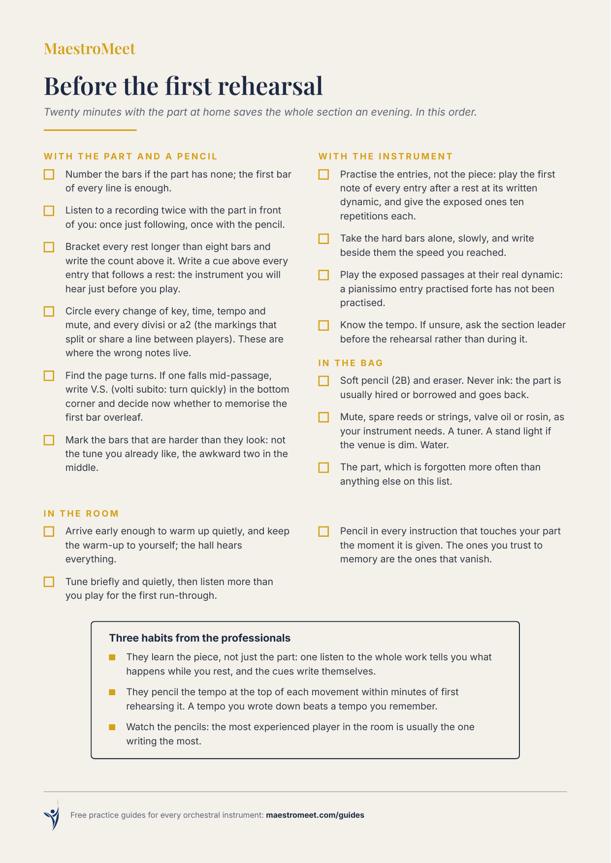 MaestroMeet reference card: Before the First Rehearsal.