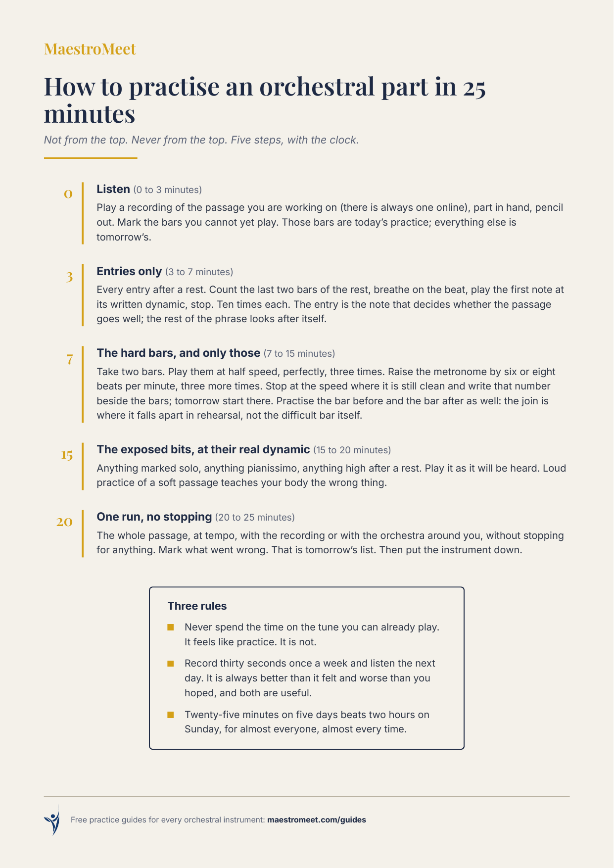 MaestroMeet reference card: Practise an Orchestral Part in 25 Minutes.