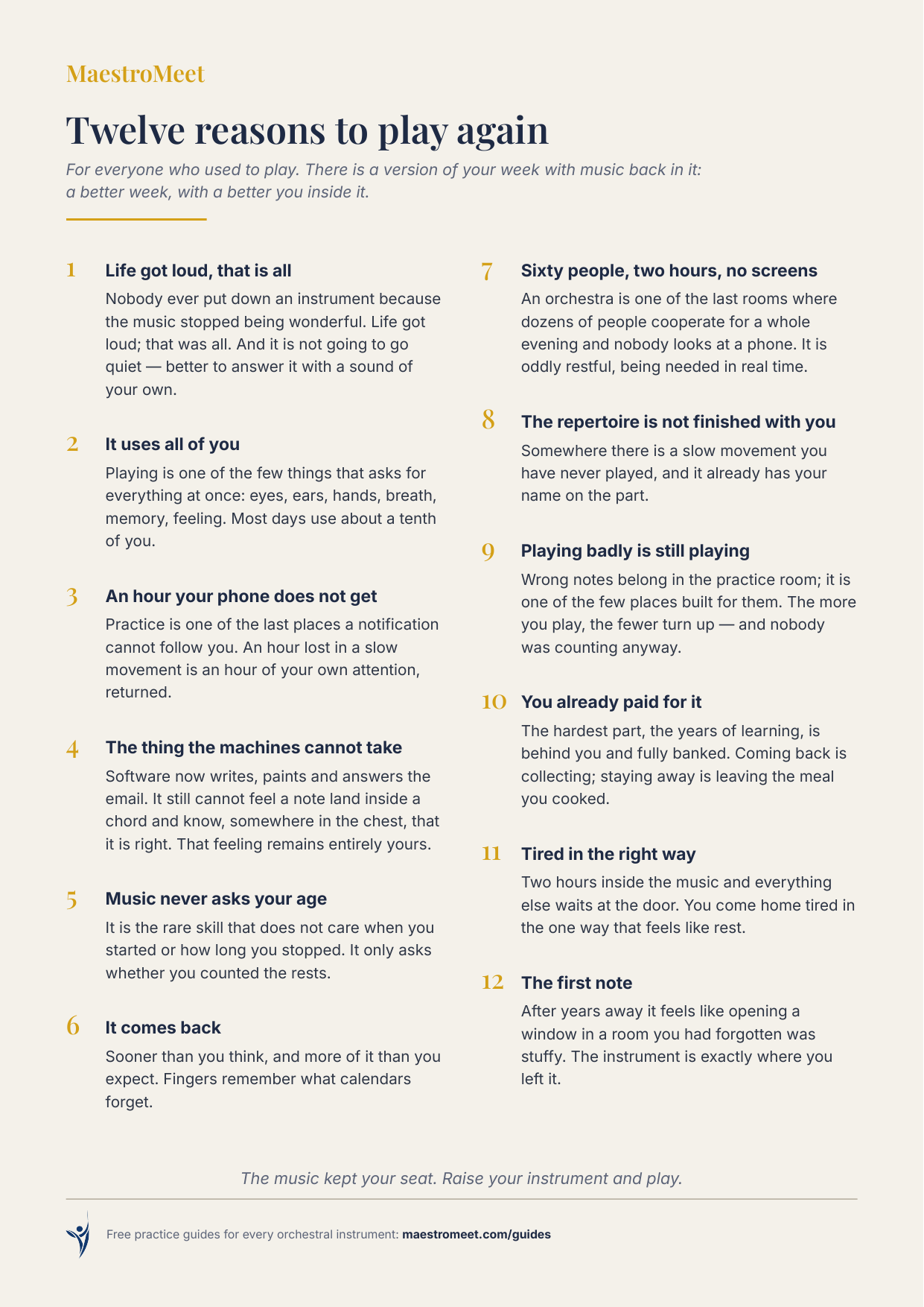 MaestroMeet reference card: Twelve Reasons to Play Again.